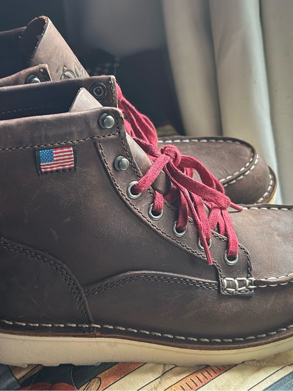 Women’s Danner Bull,  Brown Leather Moc Toe Boots with Red Laces